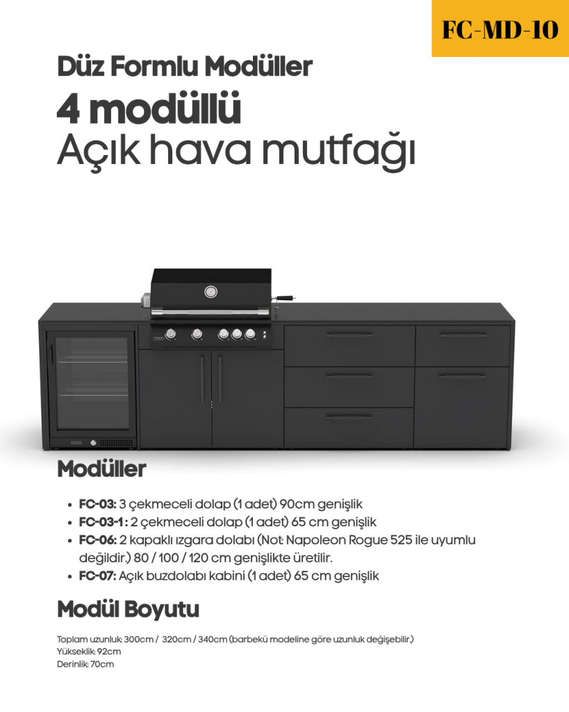 Düz Formlu – 4 Modüllü Açık Hava Mutfağı Evyesiz (300cm)