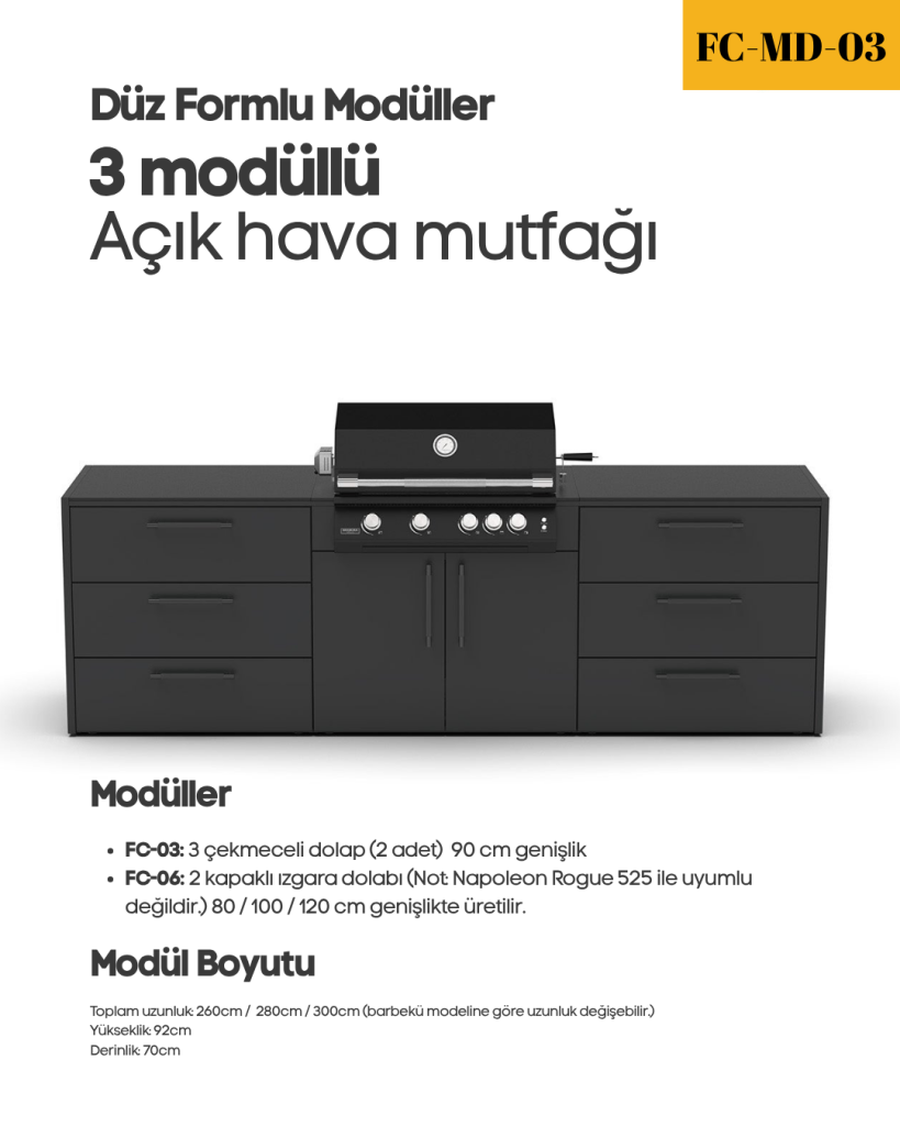 Düz Formlu – 3 Modüllü Açık Hava Mutfağı (280cm)
