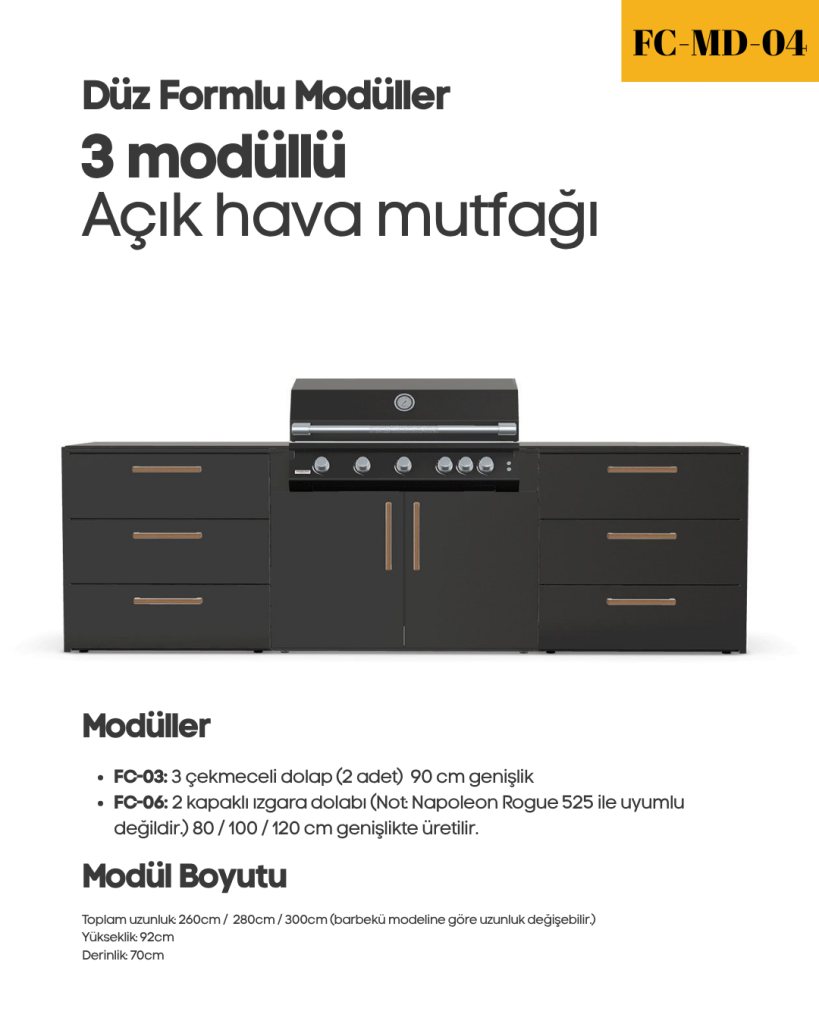 Düz Formlu – 3 Modüllü Açık Hava Mutfağı (300cm)