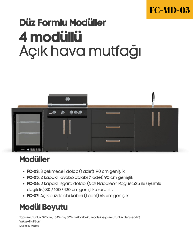 Düz Formlu – 4 Modüllü Açık Hava Mutfağı Evyeli (325cm)