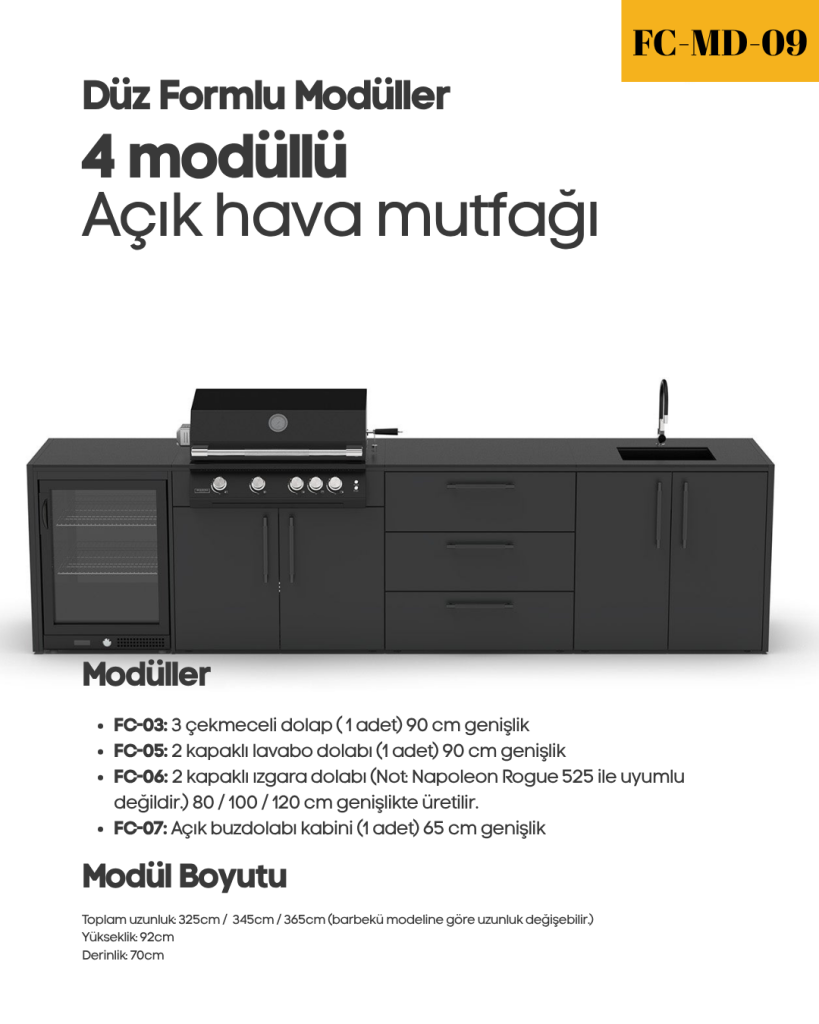 Düz Formlu – 4 Modüllü Açık Hava Mutfağı Evyeli (325cm)